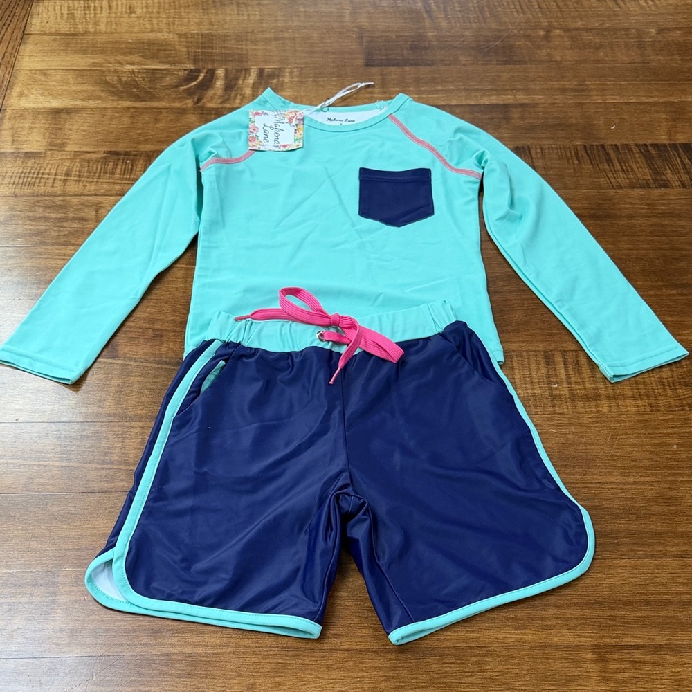 Makena Lane Kids Rashguard Set - Aqua and Navy